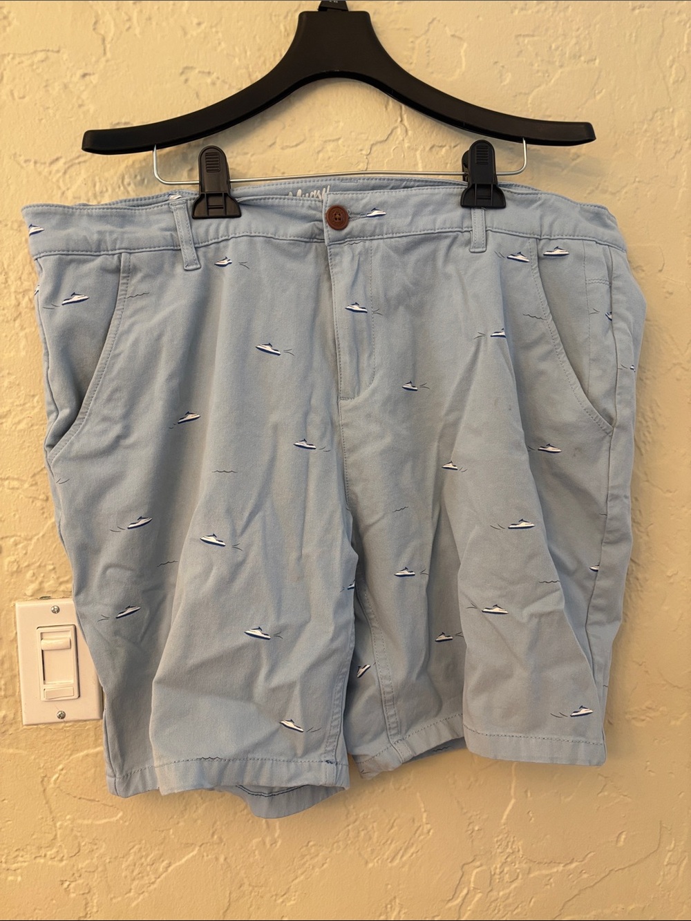 Men's Light Blue Flat Front Shorts with Boat Embroidery